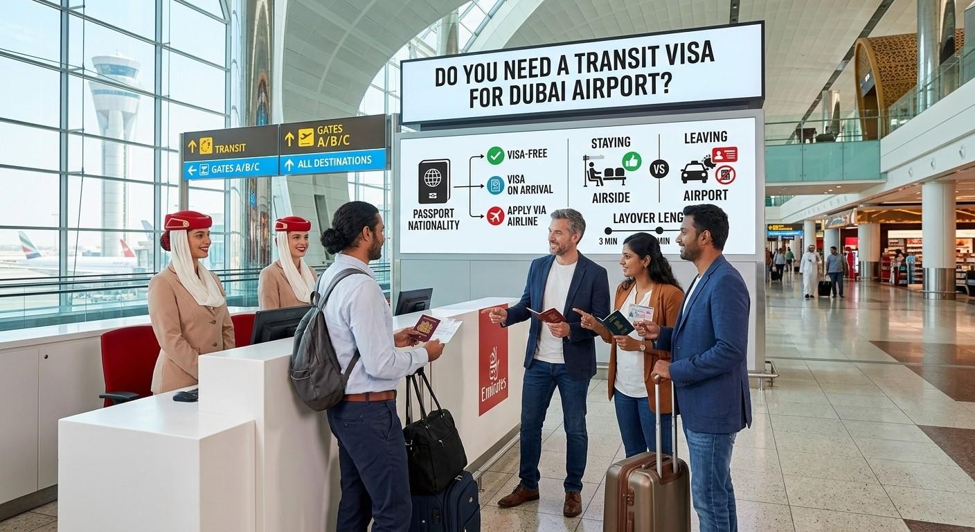 A group of diverse travelers holds passports at an Emirates check-in desk within Dubai International Airport.