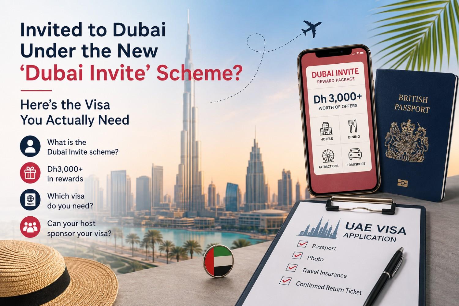 British passport and UAE visa application alongside Dubai skyline, highlighting the Dubai Invite scheme and visitor visa requirements for UK travellers.