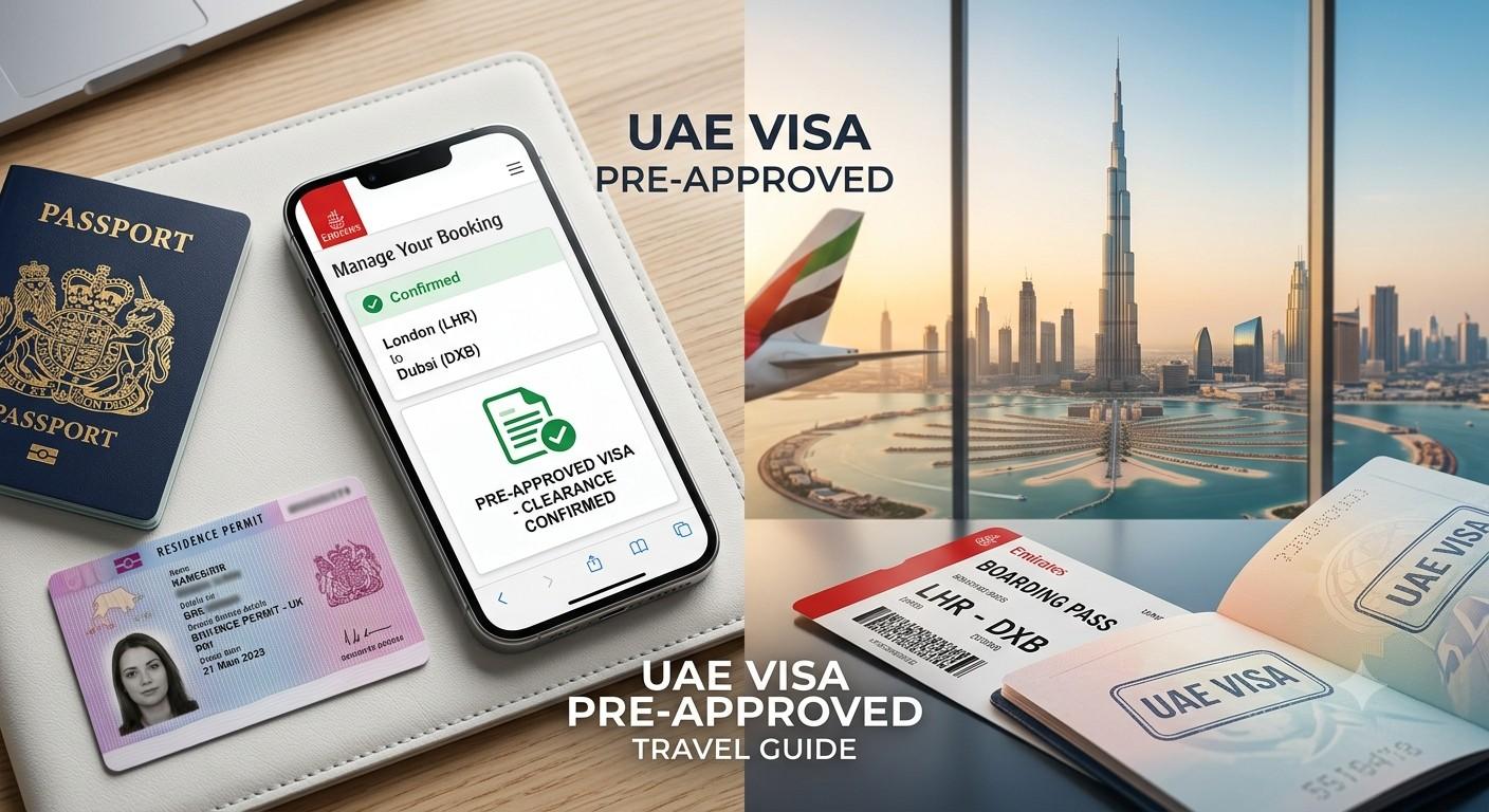A smartphone displaying a travel visa confirmation next to a passport with the Dubai skyline in the background.